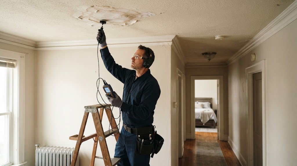 Technician checking ceiling for hidden water leak detection in North Brunswick